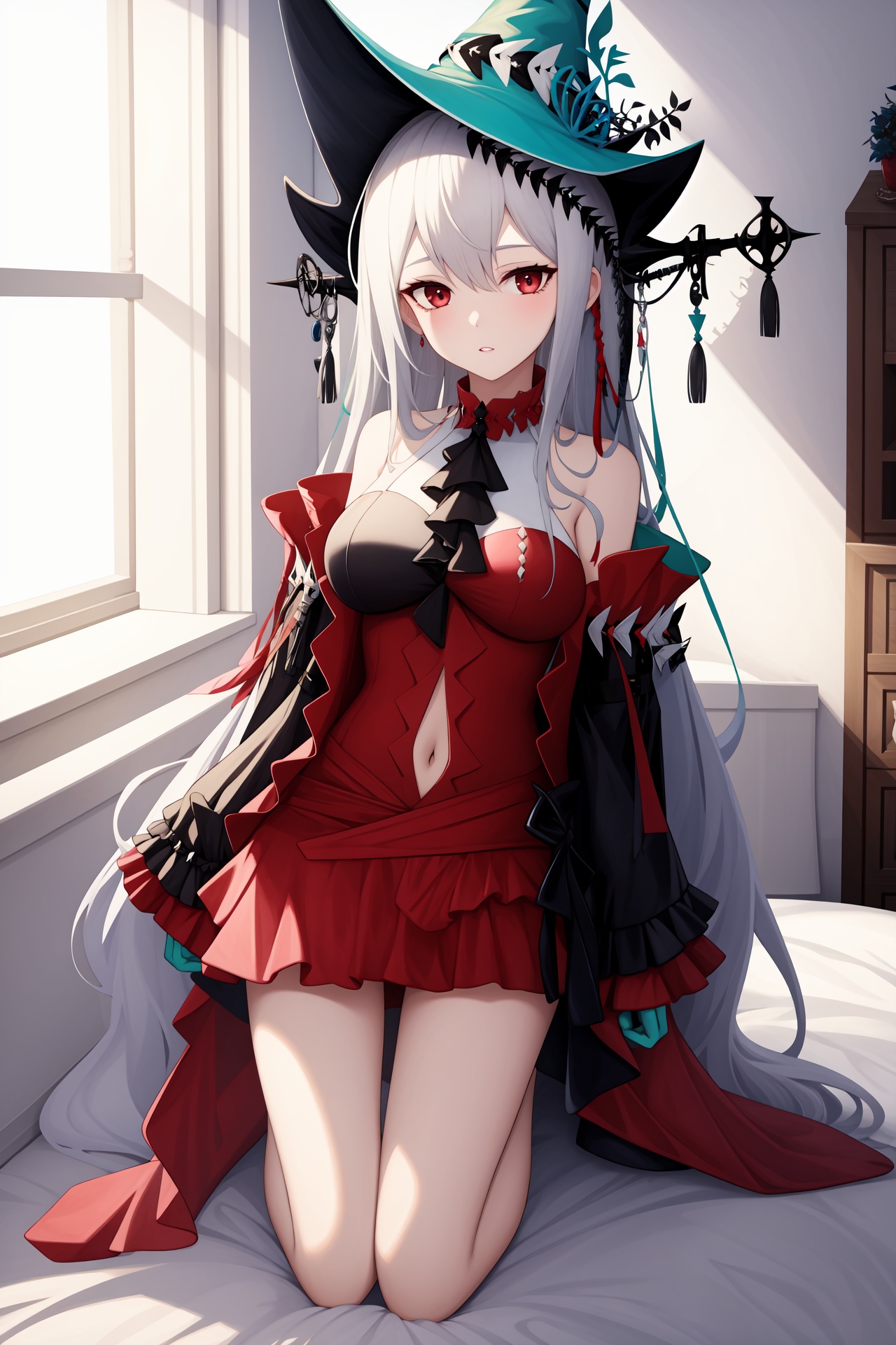 <lora:skadi2-000024:1>,skadi,1girl,skadi the corrupting heart \(arknights\),skadi \(arknights\),solo,official alternate costume,navel,looking at viewer,parted lips,hat,kneeling,bedroom,indoors, 1girl,,  (masterpiece,best quality:1.2),absurdres