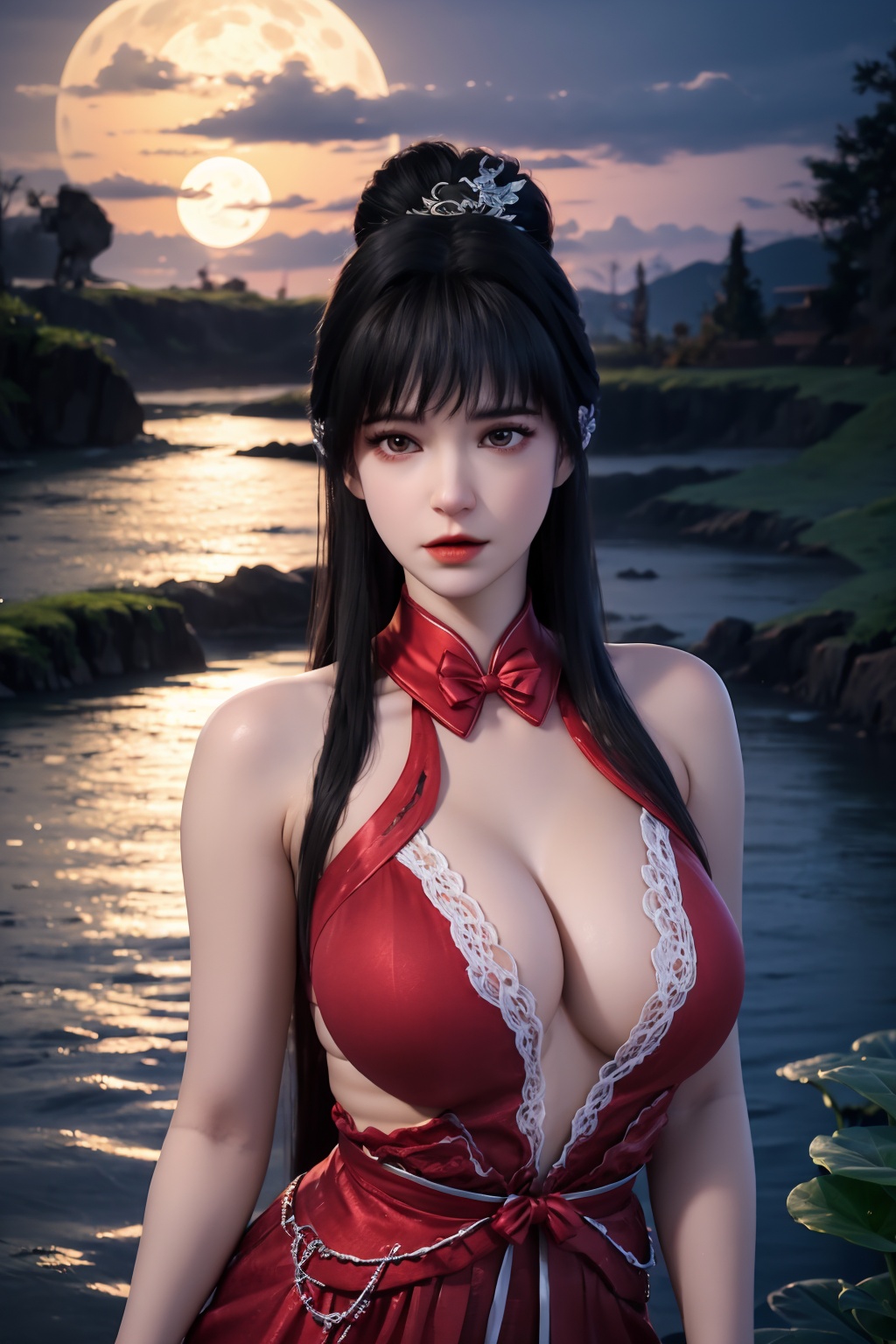 standing,flower,full_moon,moon,night,lily_pad,lotus,moonlight,nipples,water,night_sky,lily_\(flower\),sky,partially_submerged,1girl,solo,hair ornament,long hair,realistic,nail polish,photo_\(medium\),(huge breasts, cleavage),makeup,(8k, RAW photo, best quality, masterpiece:1.2),(realistic, photorealistic:1.3),ultra-detailed,extremely detailed cg 8k wallpaper,(crystalstexture skin:1.2),extremely delicate and beautiful,(sexy pose:1.2),wearing edgHL,see-through,thighhighs,sexy lingerie,(huge breasts:1.2),silk,thin transparent silk,torn pantyhose,