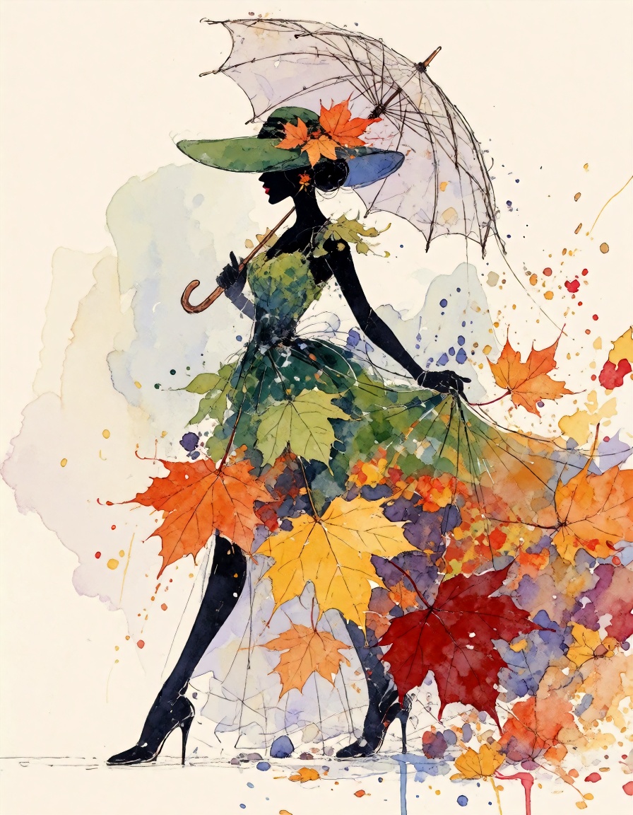 An elegant digital watercolor and ink illustration of a woman's silhouette fashioning a dress made entirely of autumn leav...