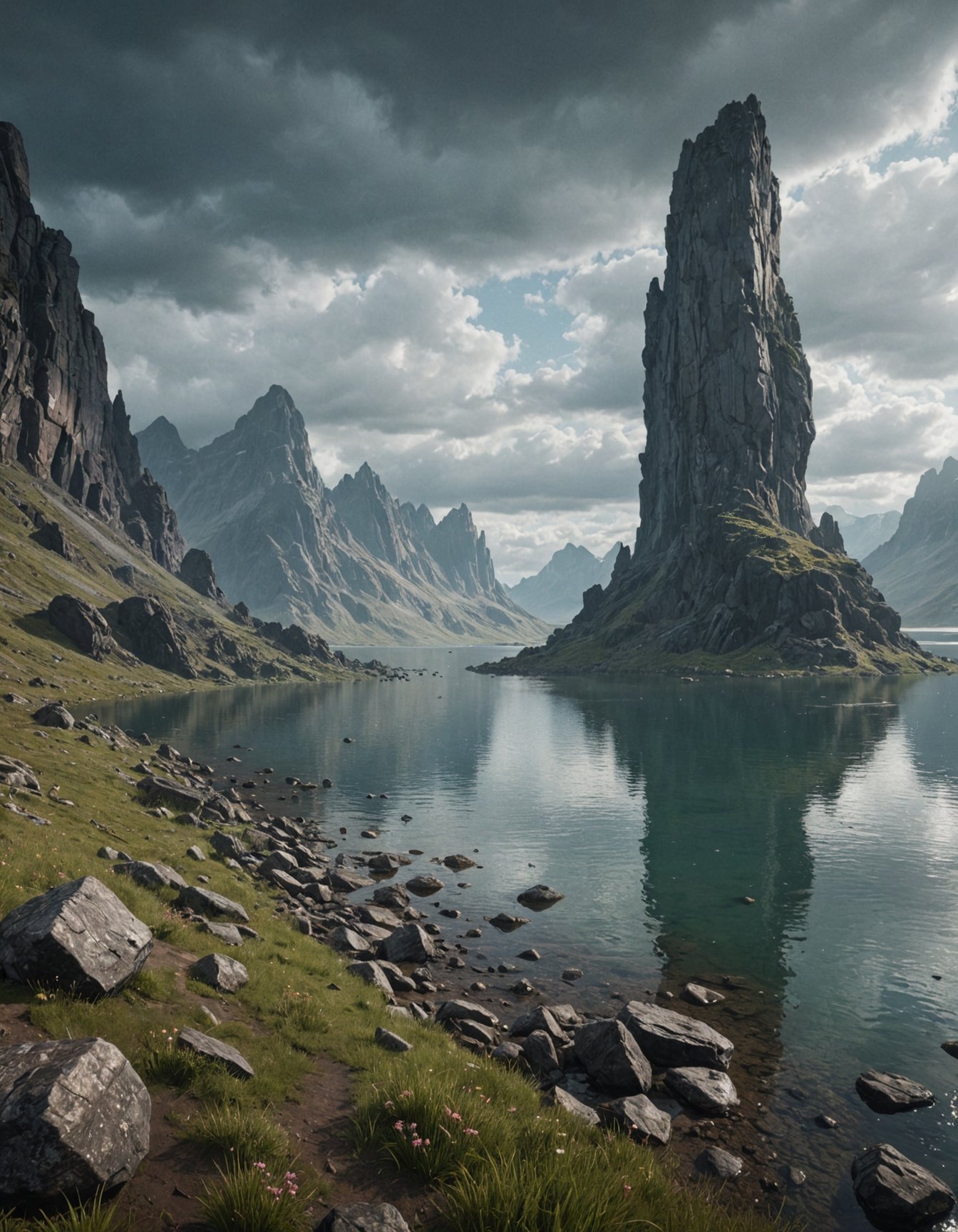 extremely detailed, landscape of an unknown planet, monolith, lake, cloudy weather, unreal engine 5, perfect composition, vibrant, rtx, hbao