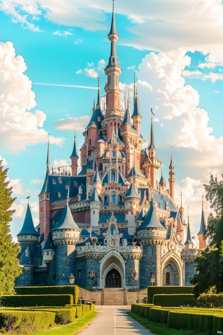 ((HRD, HUD, 8K)),((masterpiece, best quality)), highly detailed, soft light,Castle, cloud, scenery, sky, day, outdoors, castle, no humans, tower, blue sky, building, bridge, fantasy, city, architecture, cloudy sky, <lora:20240404-1712222230686:0.8>