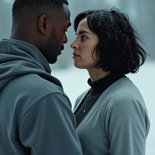 The woman looks up expressionless as the lower half of a black man dressed in grey tech pants and white Nike running shoes...