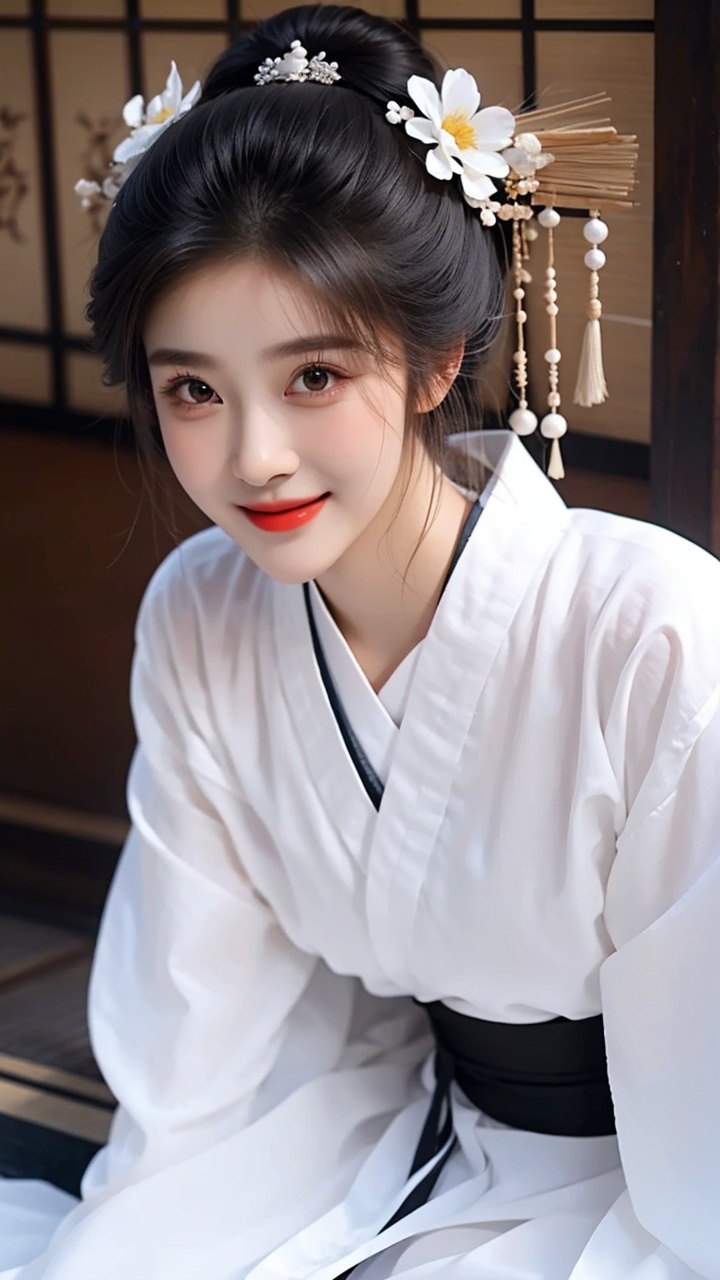 <lora:meinv126:1>,1girl,black_hair,brown_eyes,closed_mouth,flower,hair_flower,hair_ornament,japanese_clothes,kimono,lips,long_sleeves,looking_at_viewer,makeup,obi,realistic,red_lips,sash,sitting,sleeves_past_fingers,smile,solo,white_kimono,