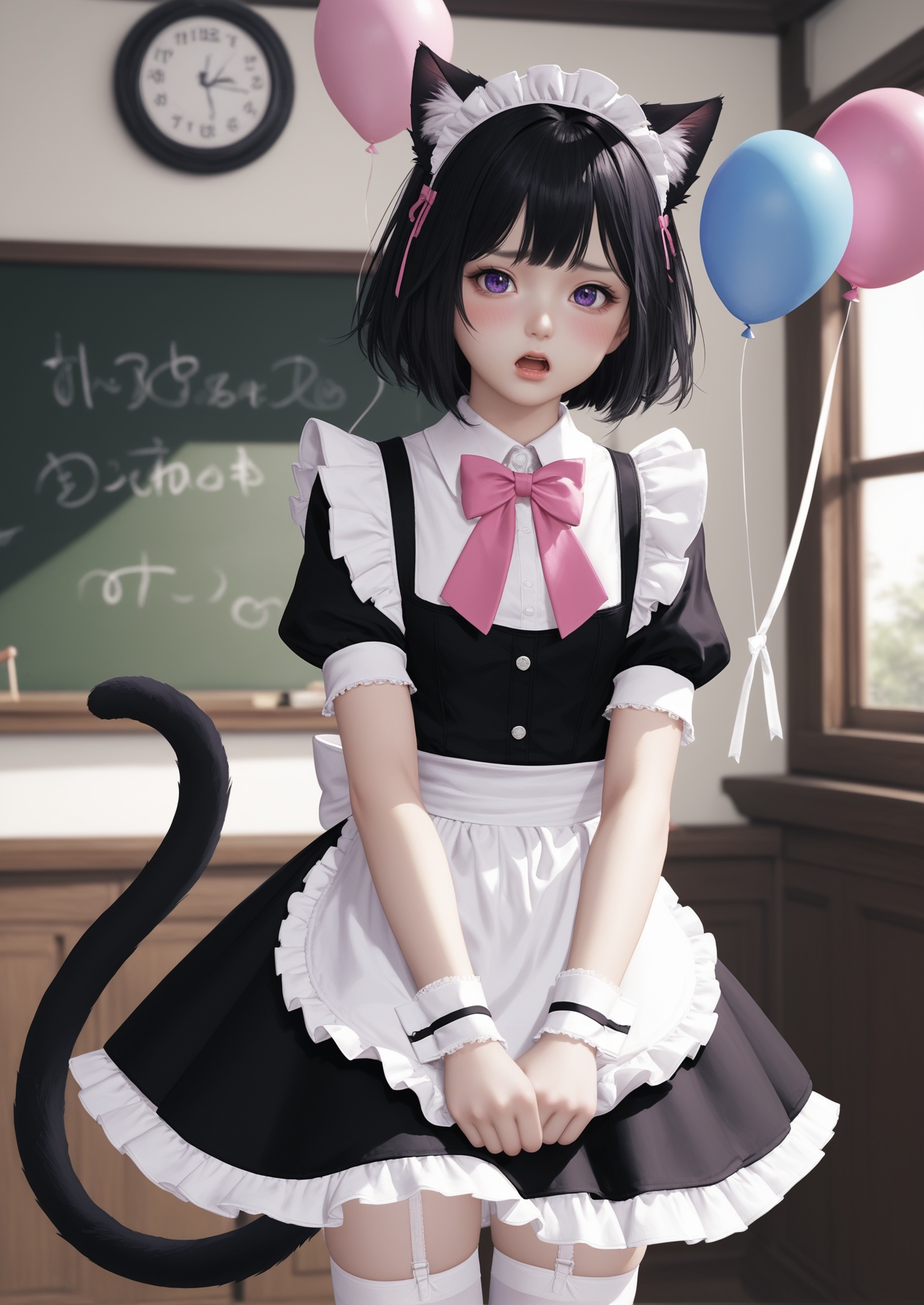 score_10,score_9,score_8_up,score_7_up,animal ears,tail,thighhighs,maid,cat ears,maid headdress,cat tail,solo,black hair,purple eyes,white thighhighs,short hair,apron,garter straps,1girl,open mouth,bow,short sleeves,detached collar,wrist cuffs,balloon,maid apron,looking at viewer,dress,blush,pink bow,frills,indoors,cat girl,puffy sleeves,bowtie,blurry,puffy short sleeves,white apron,chalkboard,blurry background,black dress,animal ear fluff,standing,embarrassed,frilled apron,pink bowtie,