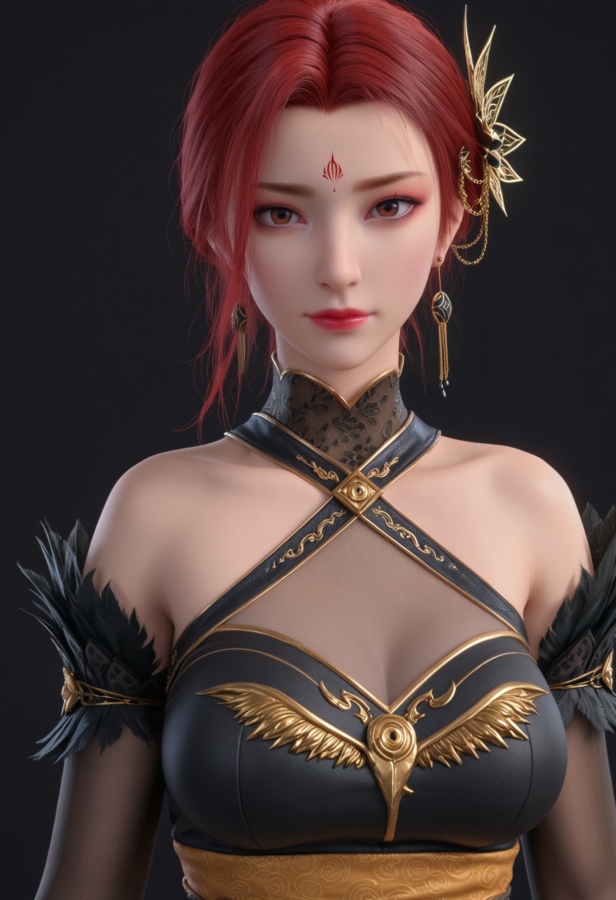 (score_9:1.1),(perfect_anatomy:1.1),upper_body,blurry background,depth of field,(looking_at_viewer:1.1),<lora:YQponyyafeiV3:0.8>,1girl,q1528437228,solo,red hair,jewelry,earrings,dress,hair ornament,bare shoulders,breasts,forehead mark,short hair,cleavage,gloves,elbow gloves,pantyhose,brown eyes,high heels,black dress,(simple background,pure black background,black background:1.3),perfect_anatomy BREAK perfect_anatomy,(score_9:1.1),cinematic lighting,volumetric lighting,professional lighting,perfect_anatomy,