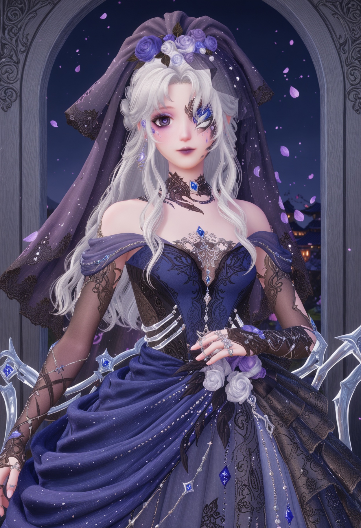 (cowboy shot:1.2),(looking at viewer:1.1),masterpiece,(best quality),smog,Dark room,dim lighting,peach blossom,falling petals,<lora:YQ_Illustrious光辉v5_暖暖36_V1:0.8>,q1528437228,1girl,solo,jewelry,long hair,white hair,purple eyes,dress,hair flower,hair ornament,makeup,earrings,gloves,ring,eyepatch,petals,purple lips,bridal gauntlets,pointy ears,blue eyes,grey hair,high heels,one eye covered,choker,pantyhose,long dress,bridal veil,fingerless gloves,necklace,fine fabric emphasis,bow,braid,eyeshadow,