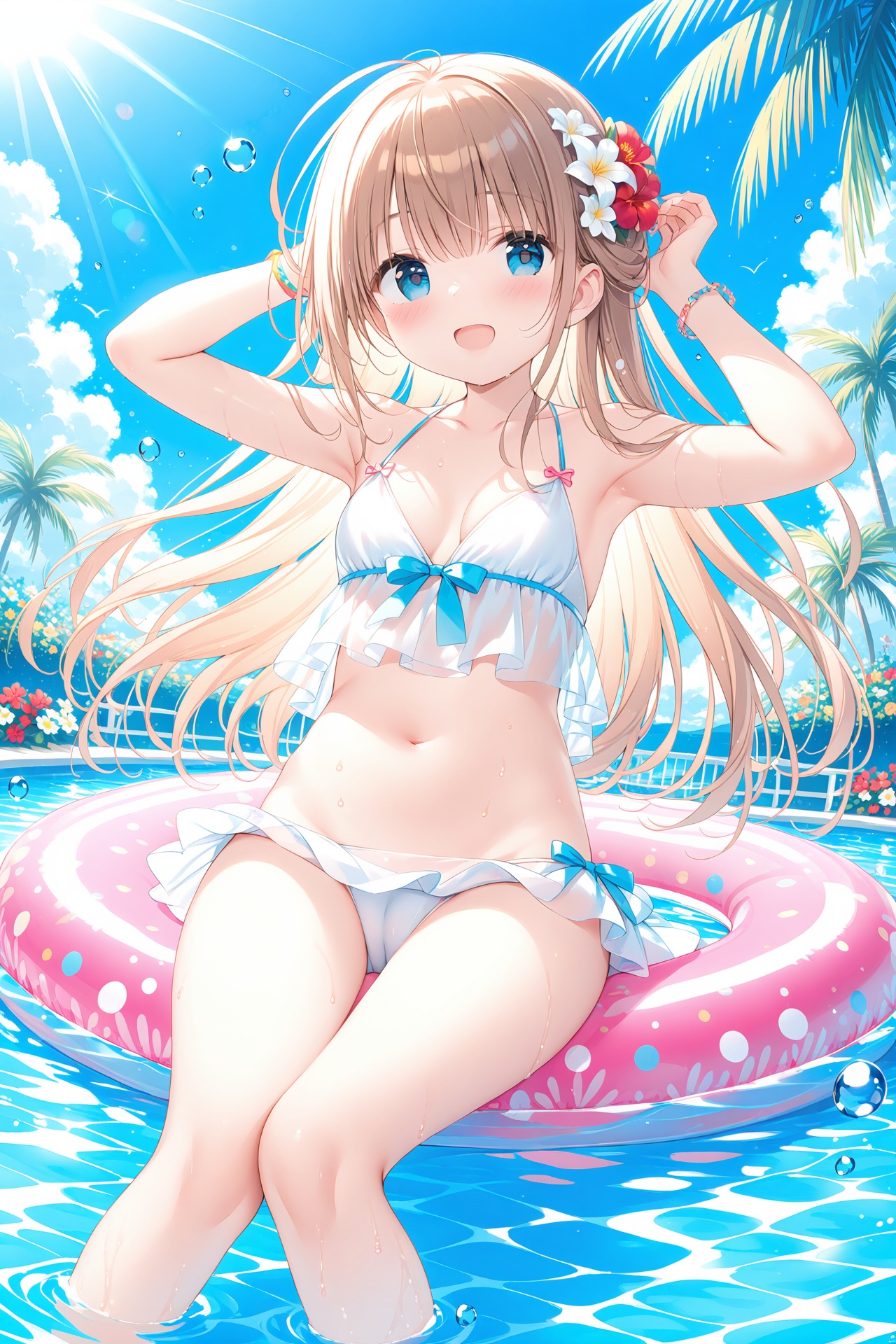 masterpiece,best quality,high quality,(colorful),1girl, solo, swimsuit, flower, bikini, hair ornament, outdoors, swim ring, open mouth, long hair, breasts, navel, hair flower, blue eyes, day, innertube, water, arm up, tree, white bikini, looking at viewer, blush, armpits, sitting, brown hair, pool, smile, sky, bracelet, palm tree, soaking feet, jewelry, :d, cloud, water drop, blue sky, wet, small breasts, cleavage, bare shoulders, collarbone, white flower, red flower, see-through, cameltoe