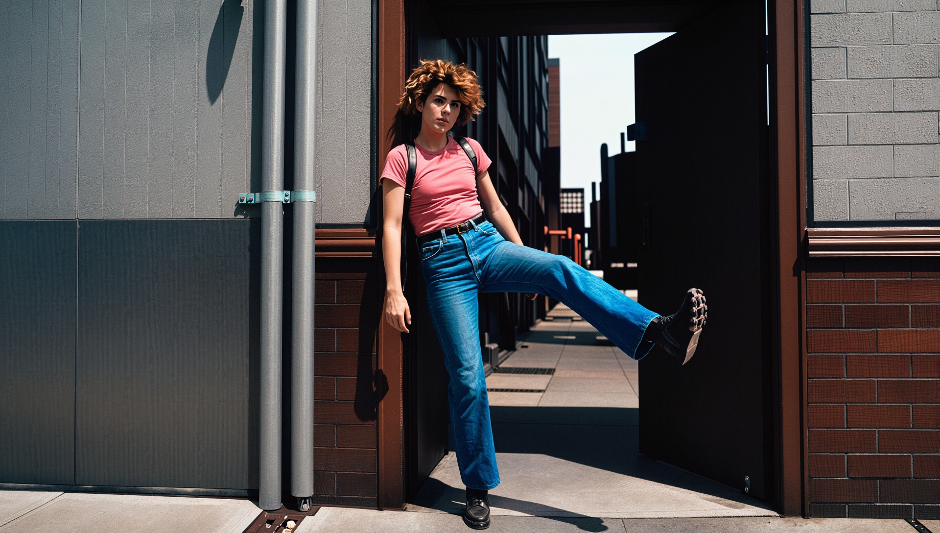 Time traveler stepping out of portal into 1980s city on Tensor.Art