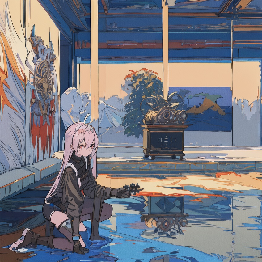 ultra-detailed, sharp, full body,((high quality)), ((masterpiece)), 8k, 1girls,  ruins, mask, light rays, extremely detailed CG unity 8k wallpaper, game cg, looking at viewer, silver hair, mask on head, gloves, boots, watch,  <lora:LORAFlatColor_flatColor:1.1> <lora:yaeMikoRealistic_yaemikoMixed:0.3>