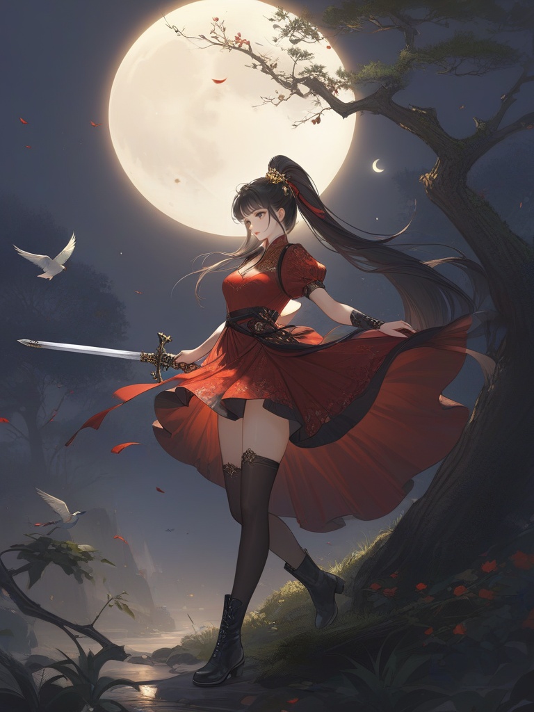 (best quality), ((masterpiece)), (highres), illustration, original, extremely detailed,<lora:古风·丝路恋语:0.7>licg, 1girl, bird, black hair, ponytail, thighhighs, long hair, solo, red dress, weapon, dress, tree, sword, boots, hair ornament, moon