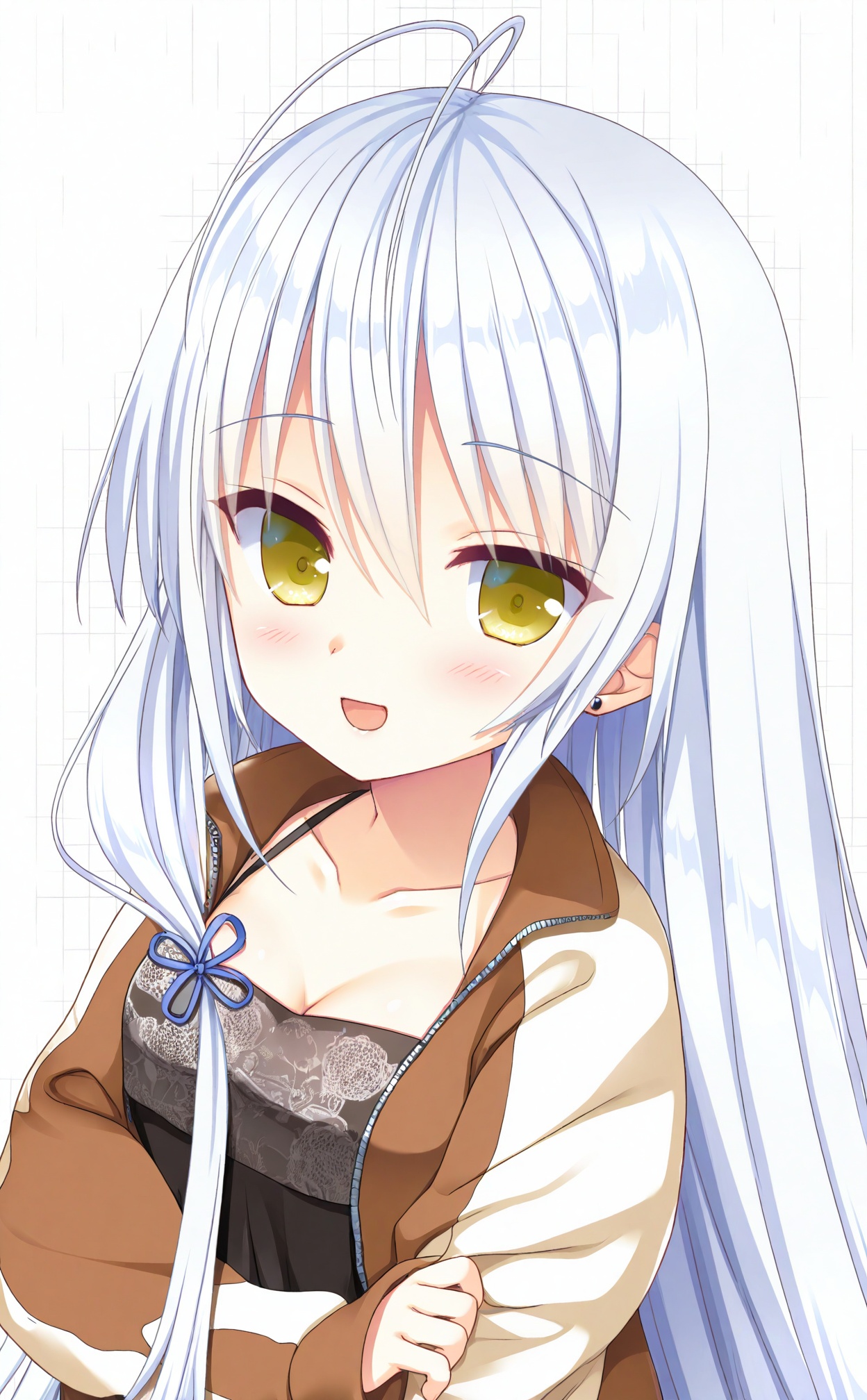 masterpiece,highres,absurdres,newest,best quality,loli,petite,high quality,chromatic_aberration,//,umino_miyako, 1girl, solo, long_hair, smile, breasts, jacket, looking_at_viewer, open_mouth, hair_between_eyes, yellow_eyes, white_hair, collarbone, very_long_hair, dress, cleavage, long_sleeves, :d, black_dress, open_jacket, jewelry, earrings, stud_earrings, white_background, upper_body, open_clothes, ribbon, antenna_hair, simple_background, sleeves_past_wrists, medium_breasts, grid_background, cropped_jacket, hair_ribbon, blush, brown_jacket, straight_hair, hand_on_own_arm, sidelocks//,<lora:umino_miyako——【noob】hans:1>,