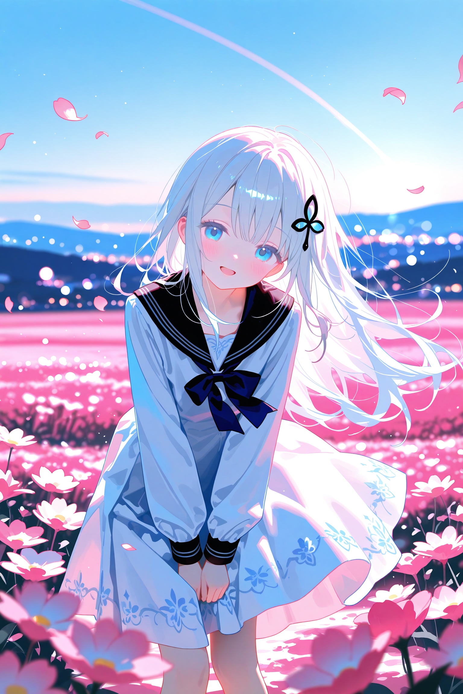 (cinematic lighting:0.4),(pastel color \(medium\):1.0),adorable,1girl standing on a vast flower field, pale-white hair, hair ornament, (wavy long hair),lace white serafuku dress,landscape,beautiful blue sky,head tilt,bloom effect,fantastic atmosphere,overlooking magnificent view,open mouth smile,wind,(petals),optical flare,v-arms,leaning forward,the light gives off a dreamy glow,blurred edges,bokeh,front view,blurry,(depth of field:1.2),