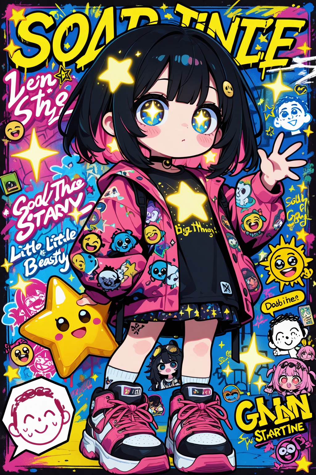 Graffiti,Cute little girl holding a huge star,with big eyes,huge stars,glowing stars,doodle in the style of Keith Haring,sharpie illustration,MBE illustration,bold lines,in the style of grunge beauty,mixed patterns,text and emoji installations,