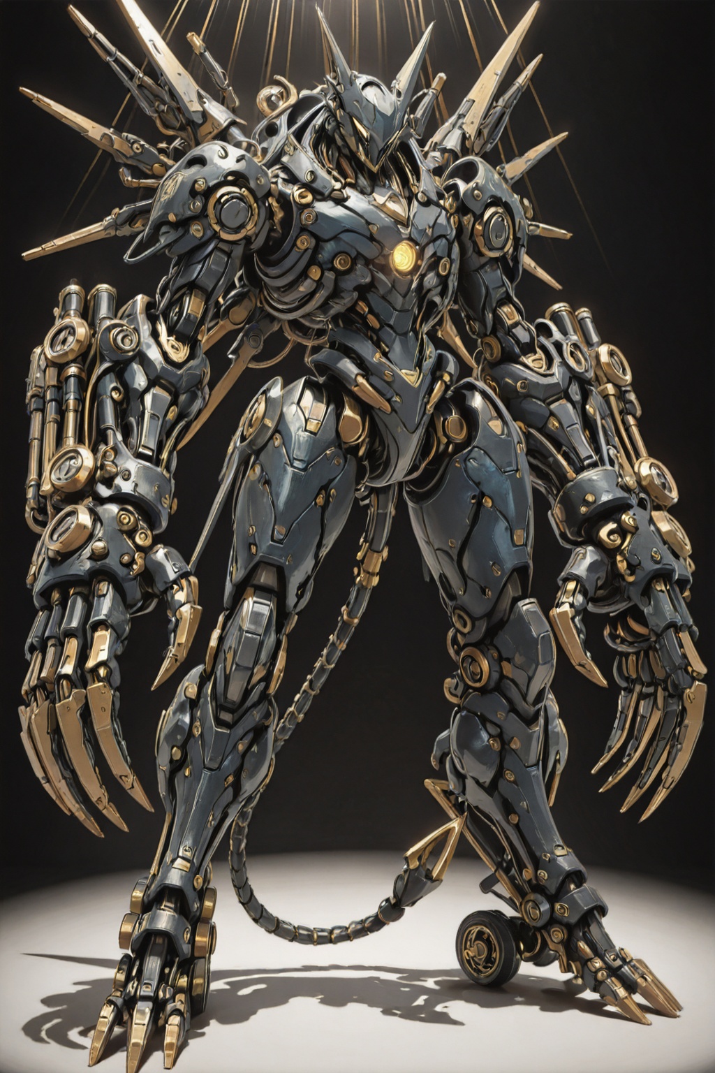 A highly detailed 3D render of a mechanical steampunk scorpion constructed from intricate brass and silver-toned metallic...