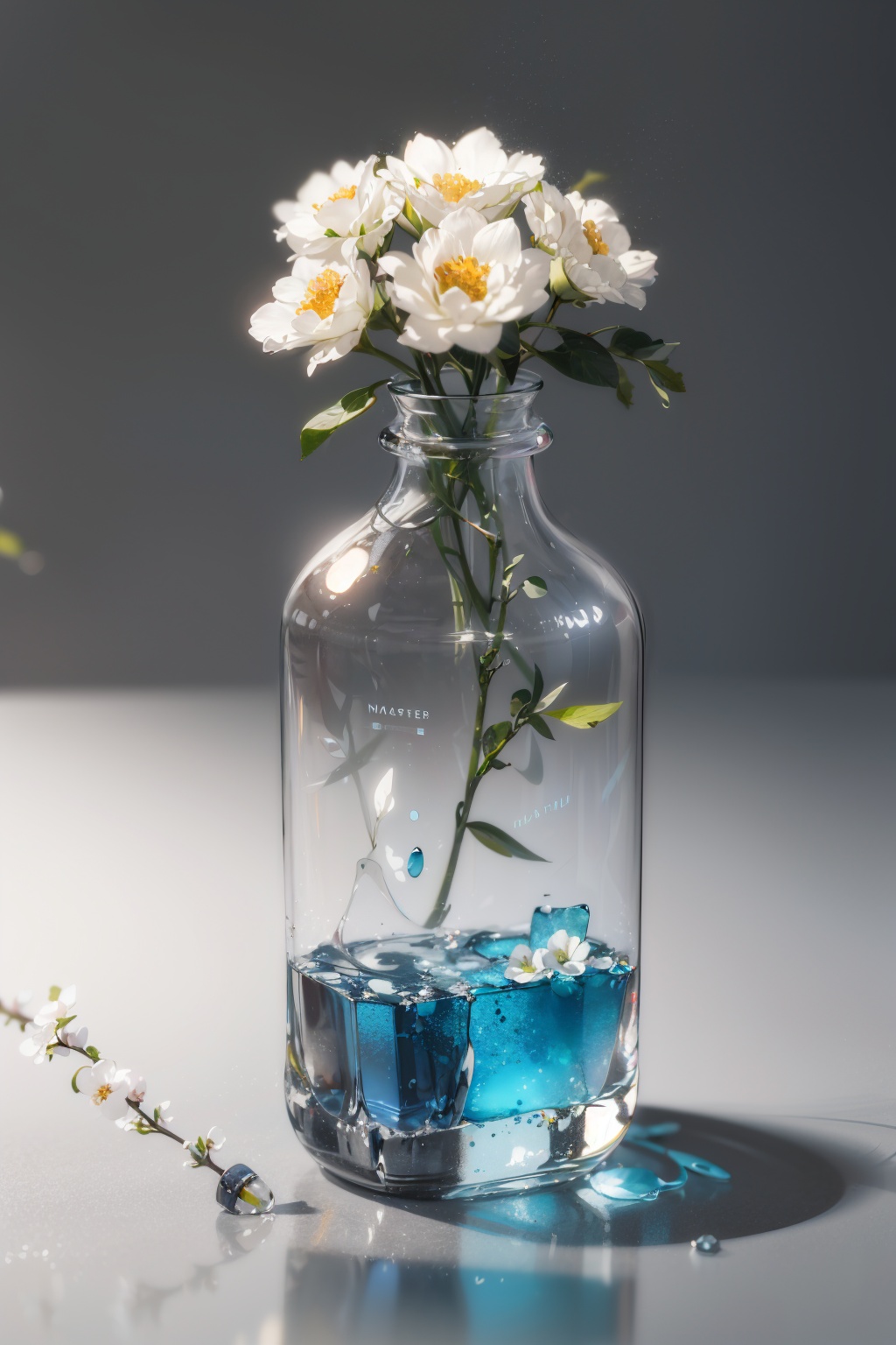 masterpiece,best quality,(ray tracing,cinematic lighting),glass bottle,close-up,white flower,blurry background,grey background,blurry foreground,simple background