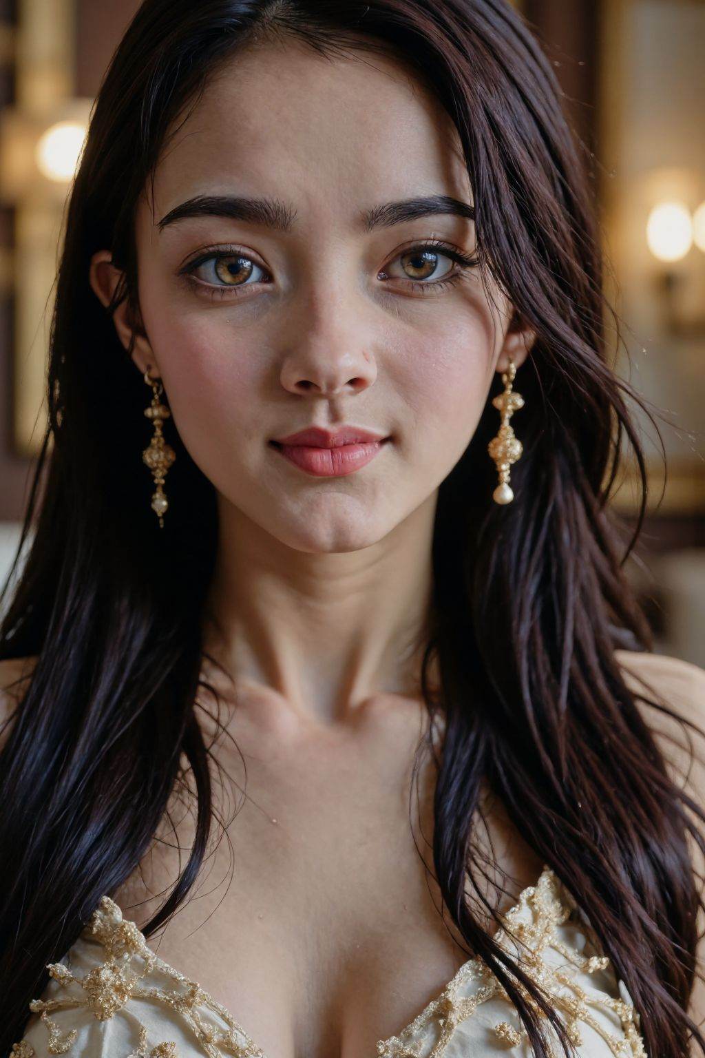 HDR photo of cinematic film still instagram photo, closeup face photo of 20 y.o, brown eyes, pale skin, smirk, black long straight hair, elegant dress, <lora:20250617_AgainGirlF1Lora:1>