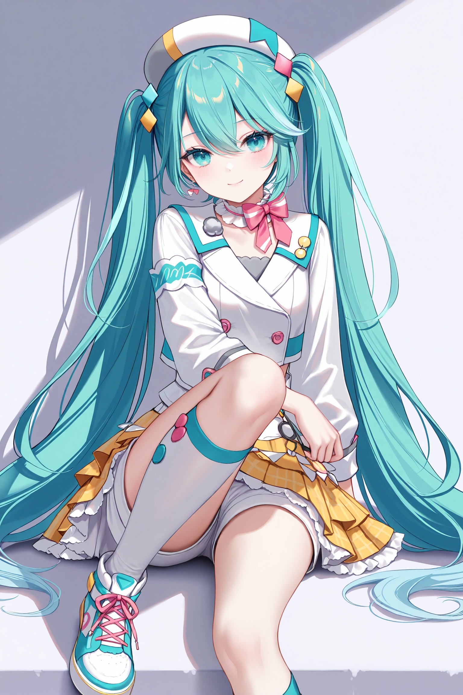 masterpiece,best quality,newest,absurdres,highres,soft shadows,photorealistic,(chen bin:0.5),(hiten \(hitenkei\):0.4),(rimuu:0.5),(mignon:0.5),(sheya:0.6),<lora:MMM2024XLNAI:1>,magical mirai miku \(2024\),shorts,sneakers,headwear,white shirt,yellow skirt,frilled skirt,white kneehighs,