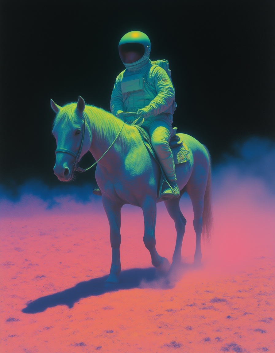 <lora:迷幻8:0.8>,a man in a space suit riding a horse in a field of dust with a neon colored background and a black background,Beksinski,technicolor,a hologram,holography,