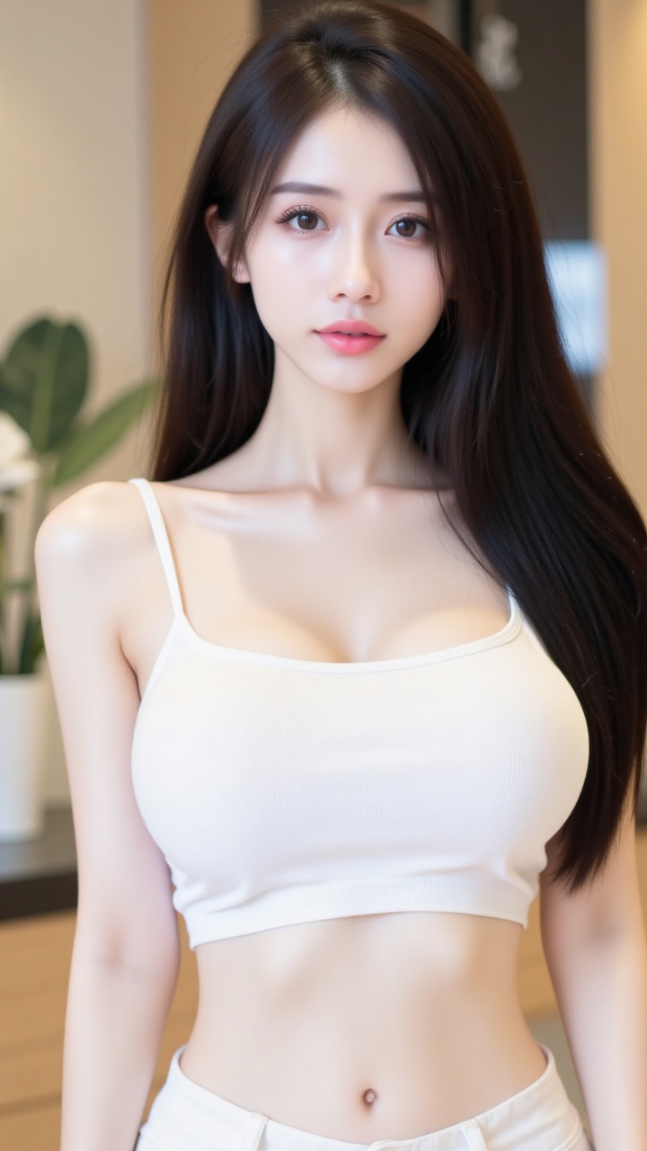 wenwen,Photograph of an Asian woman with long,straight black hair,wearing a white ribbed crop top that accentuates her large breasts and white shorts. Her skin is fair and smooth,and she stands indoors with a blurred background. The image focuses on her torso,highlighting her slim waist and flat stomach.,
