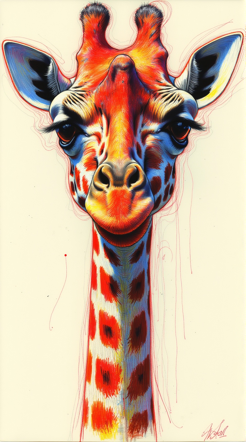 Ballpen_sketching,Vivid Expression: A Giraffe's Portrait with Abstract and Colorful Artistry,