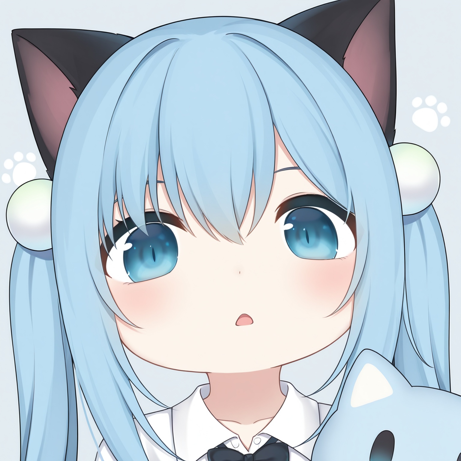 chibi, goofy ahh big head, slit pupils, CHARACTERS-NekohaShizuku,amashiro_natsuki, 1girl, solo, blue_hair, blue_eyes, animal_ears, shirt, stuffed_toy, stuffed_cat, black_bow, cat_ears, parted_lips, long_hair, bow, white_shirt, stuffed_animal, looking_at_viewer, hair_between_eyes, hair_ornament, twintails, collarbone, collared_shirt, head_tilt, upper_body, portrait, blue_background, shadow, hair_bobbles, grey_backgroundmasterpiece, best quality, newest, highres,absurdres, <lora:noob_v_bighead-000005:0.85> <lora:amashiro_natsuki_vp_NEWEST_V70_HE_MERGE_TF32:0.55>