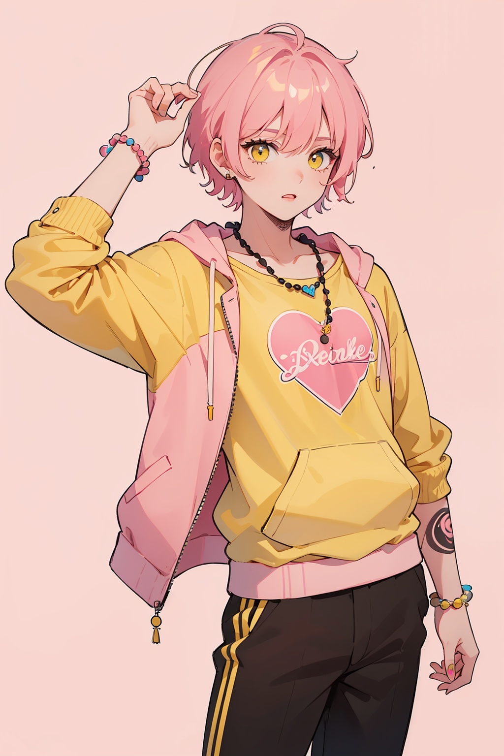 ((a man, pink short hair)) ((Pure pink and yellow background)),A vibrant young man in his early twenties stands confidently,floral jacket. His tattooed arms and beaded necklaces complement his pink hoodie,exuding a lively,retro vibe.,