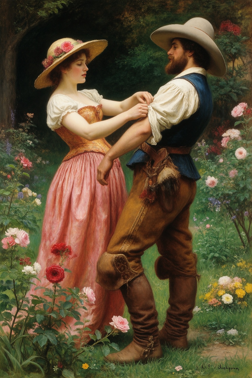 In the style of John Everett Millais,  A Huguenot couple in a garden,  the woman tying a white cloth on her lover's arm on...