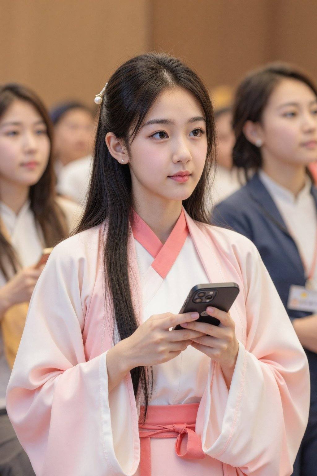 照片中是一位年轻的东亚女性,  留着黑色长发,  身穿粉白相间的中国传统服饰 on Tensor.Art