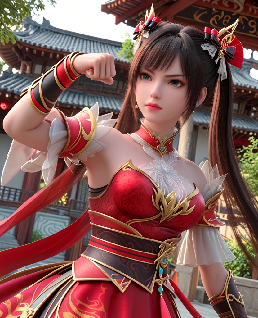 (oriental architecture, elegant decor, sophisticated style:1.1),(Super Strength Pose, Flexing muscles with a determined look, ready to showcase incredible strength,:1.1),(breasts:1.2),<lora:XL神墓楚钰白丝:0.95>,miss chuyuhei,red minidress,green eyes,black hair,twintails,hair ornament,detached sleeves,bare shoulders,sash,detached collar,red fart curtain,bracer,jewelry,earrings,white thighhighs,, score_9,score_8_up,score_7_up,score_6_up,score_5_up,score_4_up,3d rendering,tag1,tag2, Cinematic Lighting,backlighting,