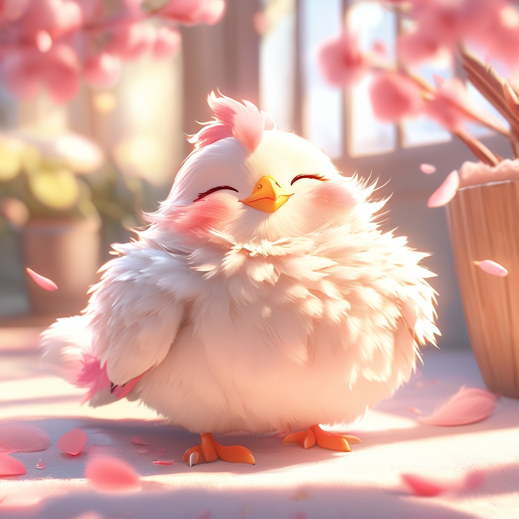 youji,chicken,fluffy,sunlight,light particles,^ ^,whiskers,cute,cc-color-correction,mf-movie-filter,warm colors,whimsy and dramatic lighting,white fur,soft lighting,chicken focus,no humans,closed eyes,cherry blossoms,bird,pokemon \(creature\),petals,blurry,blurry background,feathers,standing,full body,outdoors,depth of field,indoors,blush,day,cat,<lora:youji_xl:0.8>,