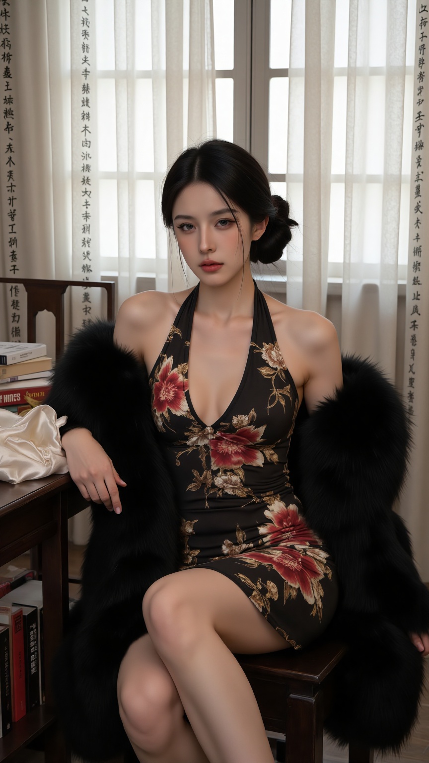 A stunning beauty bears a striking resemblance to Fan Bingbing,  dressed in a tight black cheongsam adorned with extremely...