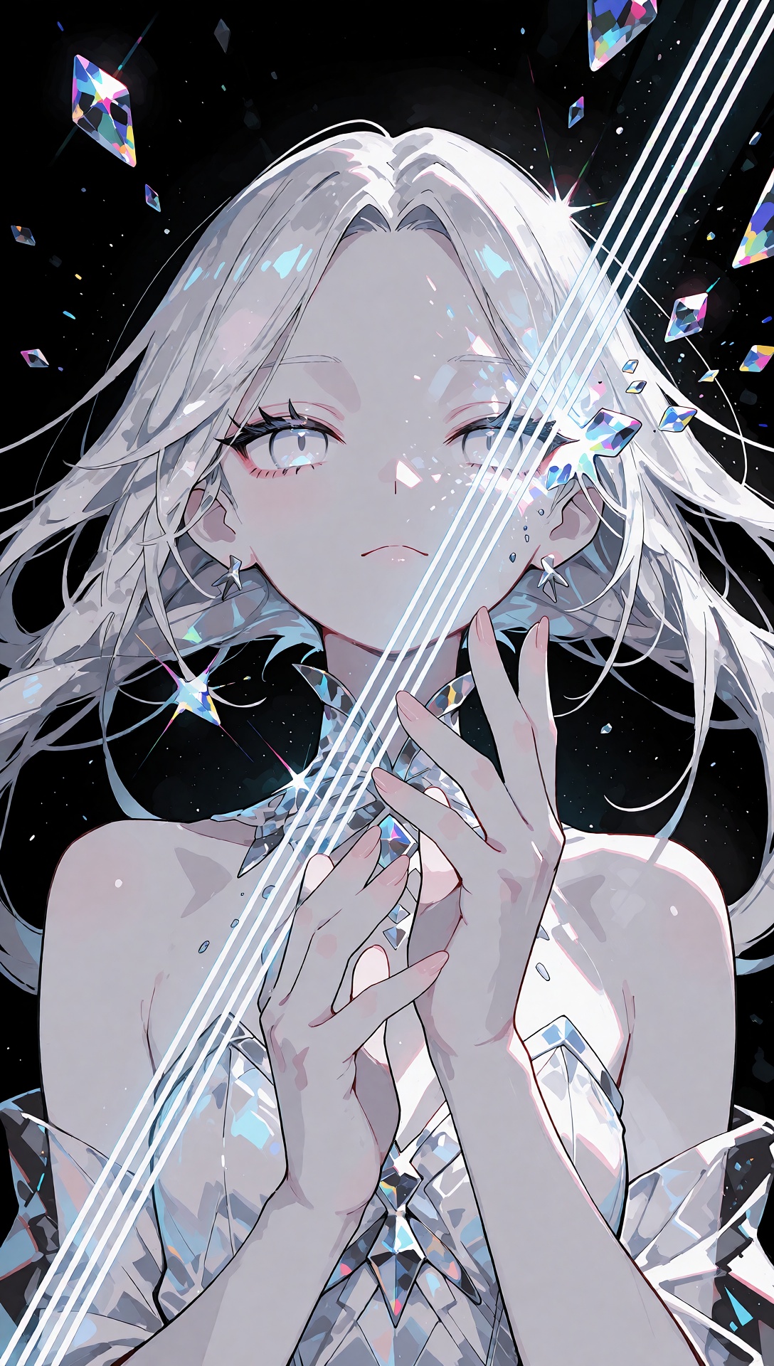 A striking,  high-contrast waist-up front-facing portrait of an otherworldly,  ethereal girl looking directly at the viewe...