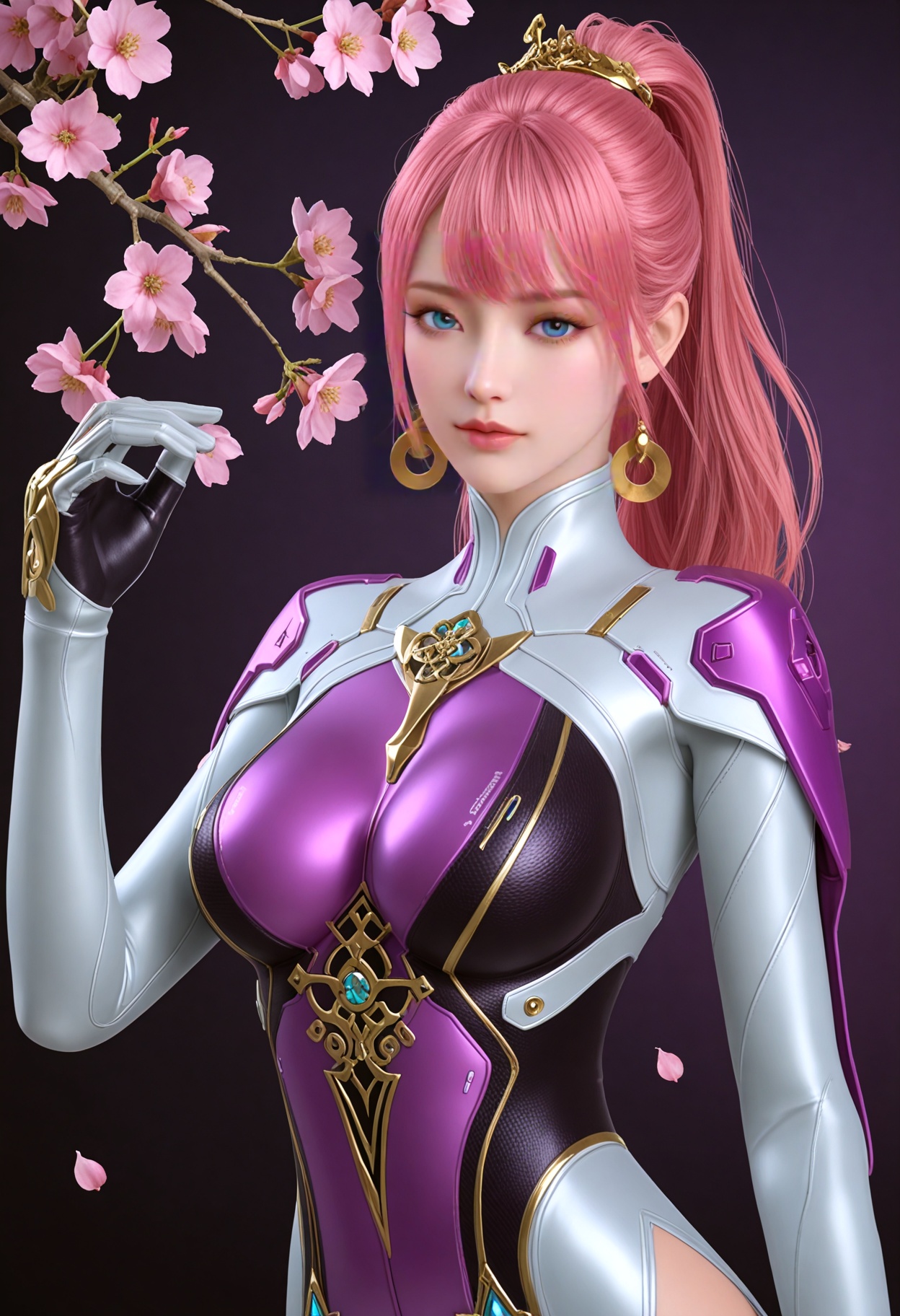 (upper_body:1.2),(looking_at_viewer:1.1),(masterpiece:1.1),(best quality:1.2),(intricate details),(smog:1.3),(Dark room:1.3),(dim lighting:1.3),peach blossom,falling petals,<lora:YQ_Illustrious光辉v5_步练师_V1:0.8>,q1528437228,solo,1girl,bodysuit,pink_hair,skin_tight,ponytail,earrings,breasts,jewelry,long_hair,high_heels,gloves,blue_eyes,fingerless_gloves,masterpiece,(best quality),(intricate details:0.9) BREAK (intricate details:0.9),(realistic skin:1.2),masterpiece,best quality,newest,absurdres,hiahres,