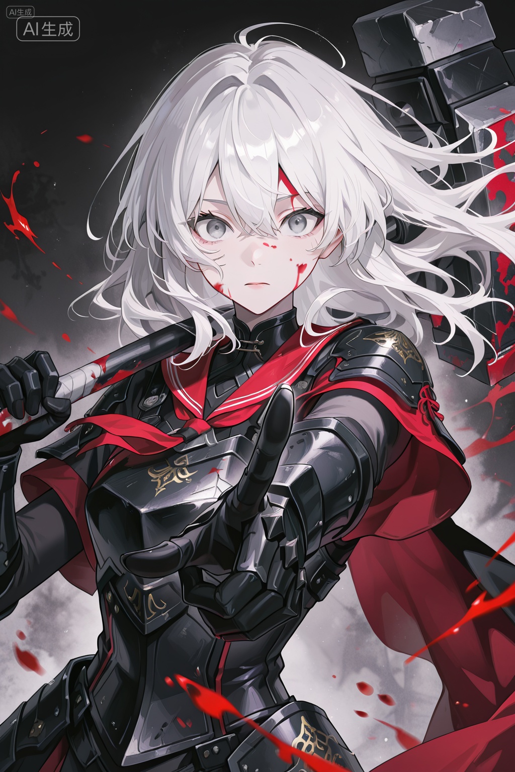 masterpiece,highres,absurdres,newest,very awa,(muted color, unfinished, limited palette:1.2),1girl,solo,white hair,grey eyes,expressionless,floating hair,black dress,black armor,red serafuku,gauntlets,breastplate,small cape,upper body,dynamic angle,dynamic pose,holding weapon,giant hammer,black hammer,oversized weapon,weapon over shoulder,blood on weapon,blood on clothes,blood on face,wide-eyed,close-up,foreshortening,arm up,abstract background,dark background,looking at viewer,pointing at viewer,straight-on,<lora:spo_sdxl_10ep_4k-data_lora_webui>,<lora:NOOB_EPSv1_1_detailer_by_vlnvk_v1_0>,<lora:mon_monmon2133>,, Negative prompt: (worst quality, low quality),deformed,distorted,disfigured,doll,poorly drawn,bad anatomy,wrong anatomy,sketch,jpeg artifacts,signature,watermark,artist name,old,oldest,poorly drawn hands,fused fingers,missing fingers,bad hands,mutated hands and fingers,malformed hands,,nsfw, Steps: 20, Sampler: DPM++ 2M Karras, CFG scale: 5.0, Seed: 1552345264, Size: 1024x1536, Model hash: e62cd982e2, Model: 崩坏彩涂_1.0.safetensors, Denoising strength: 0.0, Clip skip: 2, RNG: CPU, vae_name: automatic
