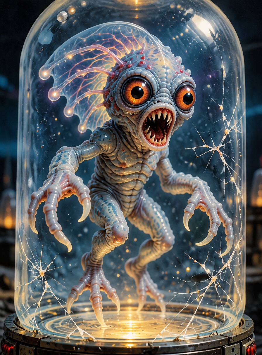 A small translucent alien creature floating inside a cracked laboratory capsule,  retro sci-fi design,  bioluminescent vei...
