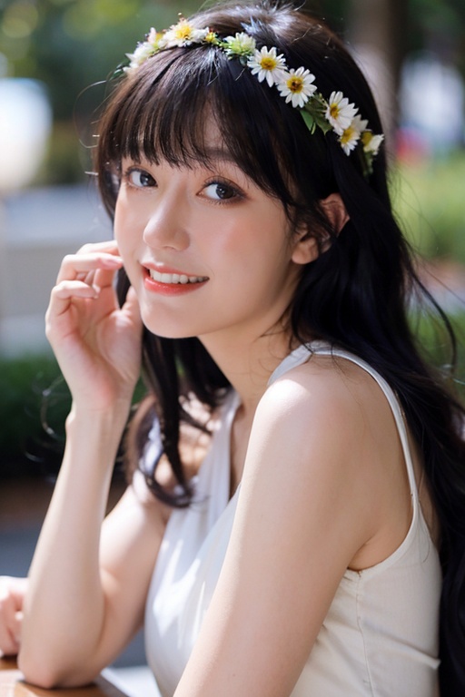 masterpiece,best quality,ultra high res,1girl,upper body, <lora:【雪石lora】清纯脸模_v1.0:1>, Ultra-realistic 8k CG,masterpiece,best quality,(photorealistic:1.4),HDR,absurdres,Professional,RAW photo,lens flare,(film grain:1.1),Bokeh,((Depth of field)),studio light, a woman in a dress , a bunch of flowers  and looking at the camera with a smile on her face, 1girl, black_hair, bouquet, brown_eyes, daisy, flower, head_wreath, lips, looking_at_viewer, short_sleeves, solo, upper_body, white_flower, Highly detailed,Professional,extreme detail description;