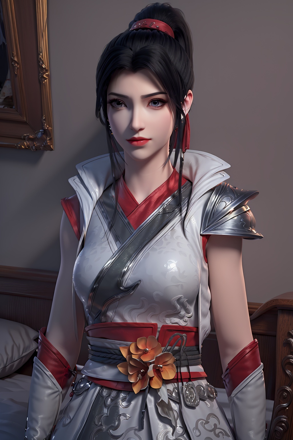 3D,masterpiece,(best quality),(makeup),official art, extremely detailed cg 8k wallpaper,((crystalstexture skin)), (extremely delicate and beautiful),(highly detailed),(face),(ponytail),(collar),(1girl), (solo), (jewelry), (earrings),(black_hair),(long_hair),(hair_ornament),(handwear),(wristband),(breast),((standing)),((upper_body)),(dress),(chinese_clothes),(multicolored_clothes),(multicolored_dress),,(shiny_clothes),(armored_dress),(closed_mouth),(room,bed),((looking_at_viewer)),((Facing the camera)),, <lora:hipoly3DModelLora_v10:0.3>