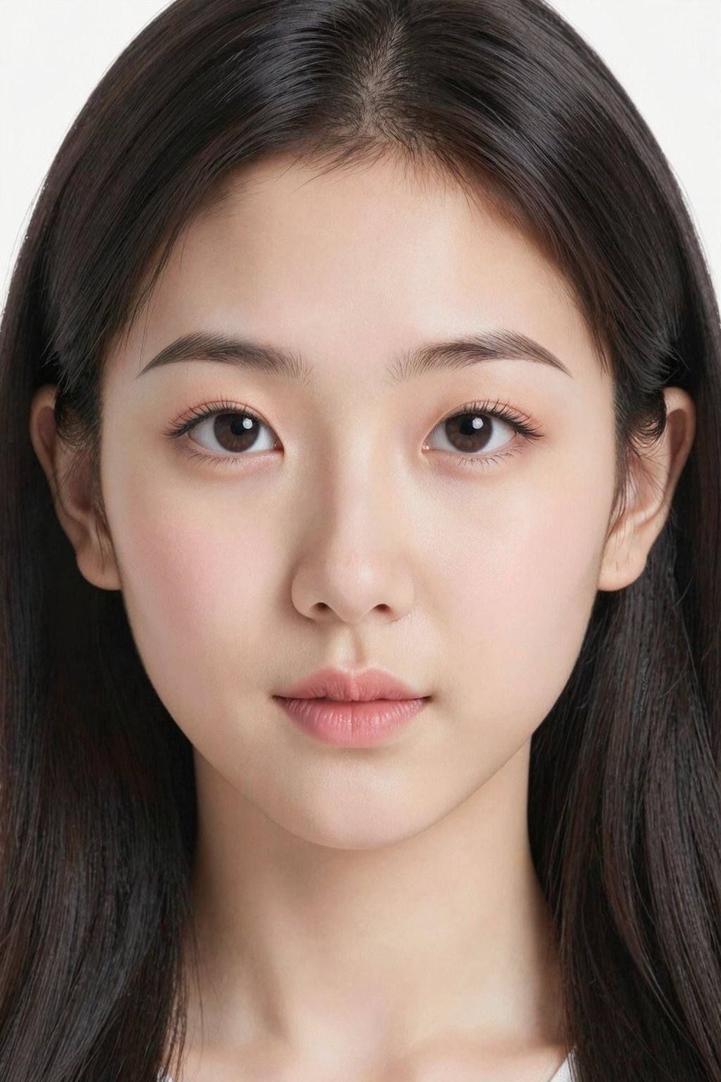 This is a photograph of a young East Asian woman with long, straight black hair framing her face. She has fair skin with a smooth complexion, and her makeup is subtle, highlighting her natural beauty. Her eyes are almond-shaped with dark, well-groomed eyebrows and long, black eyelashes. Her lips are full and slightly parted, showing a natural pink hue. The background is plain white, making her facial features stand out prominently. The lighting is soft, enhancing her clear skin and giving a gentle glow to her complexion.
