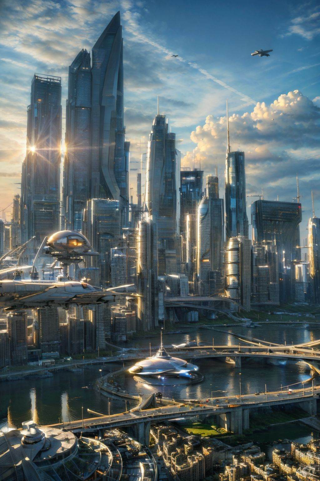 (masterpiece, best picture quality:1.3),realistic,SCI-FI City,scenery,science fiction,no humans,city,building,cityscape,sky,aircraft,outdoors,skyscraper,lens flare,cloud,spacecraft,sunlight,<lora:SCI FI City_20240127193551:0.8>,