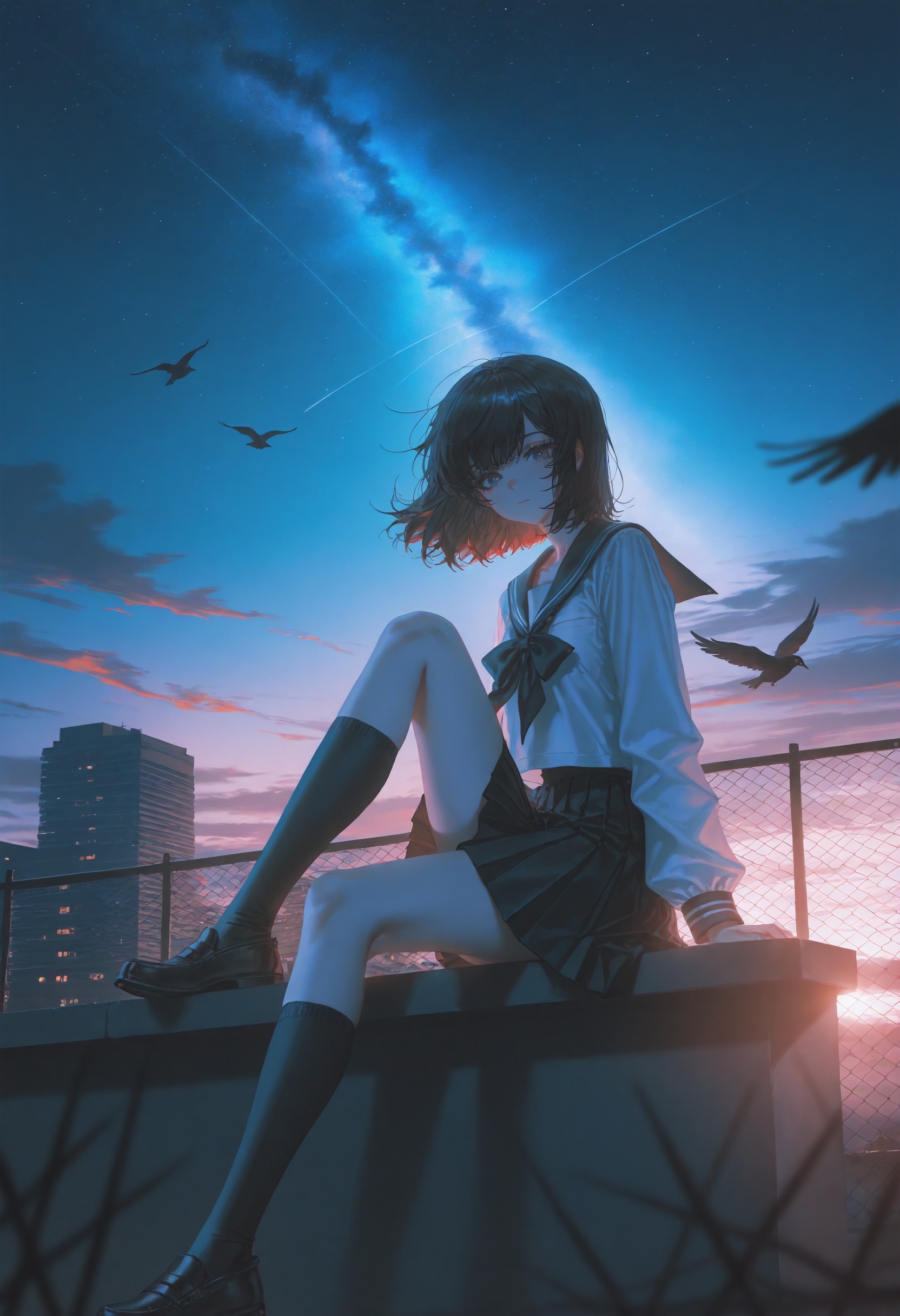 masterpiece,best quality,artist:john_kafka,artist:nixeu,artist:quasarcake,chromatic aberration,film grain,high contrast,color contrast,cold colors,gritty,graphite \\\\(medium\\\\),1girl,sky,star (sky),scenery,starry sky,outdoors,cloud,sitting,(knee_up:0.8),looking at viewer,lonely,skirt,sunset,solo,school uniform,blurry,depth of field,iron fence,building,blurry foreground,socks,shirt,wide shot,wind,short hair,bird,shoes,black hair,pleated skirt,serafuku,white shirt,long sleeves,black socks,kneehighs,