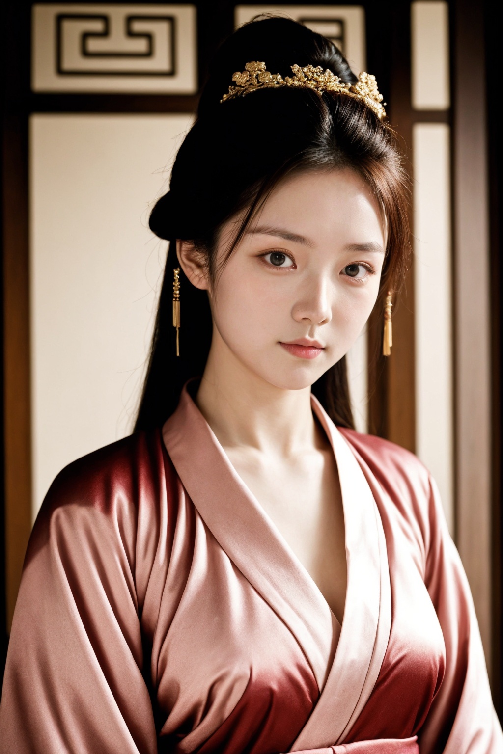 girl, pink chinese clothes, realistic skin, skin pores, upper body, film grain, realistic, photorealistic, indoors, chinese style architecture