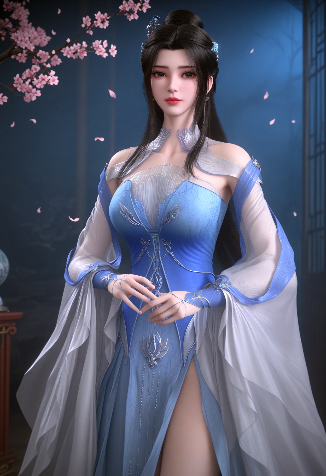 (full_body:1.3),(gigantic breasts:0.6),(slender:1.3),(looking_at_viewer:1.1),(masterpiece:1.1),(best quality:1.2),(intricate details),(smog:1.3),(Dark room:1.3),(dim lighting:1.3),peach blossom,falling petals,<lora:YQ_Illustrious光辉v5_李慕婉_V1:0.8>,q1528437228,solo,1girl,black_hair,long_hair,hair_ornament,dress,jewelry,earrings,blue_dress,hair_bun,chinese_clothes,long_sleeves,single_hair_bun,realistic,black_eyes,bare_shoulders,ponytail,hanfu,see-through,hair_stick,detached_sleeves,masterpiece,(best quality),(intricate details:0.9) BREAK (intricate details:0.9),(realistic skin:1.2),masterpiece,best quality,newest,absurdres,hiahres,