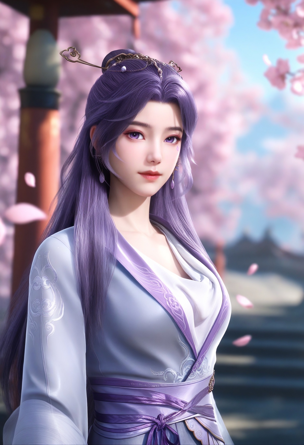 masterpiece,best quality,amazing quality,very aesthetic,high resolution,ultra-detailed,absurdres,scenery,photorealistic,(looking at viewer:1.1),upper body,(moody lighting:1.1),peach blossom,falling petals,(large breasts:0.8),yunxiao,1girl,long hair,solo,purple hair,hair ornament,dress,chinese clothes,jewelry,earrings,purple eyes,closed mouth,hair bun,long sleeves,facial mark,sash,realistic,shoes BREAK photorealistic details,<lora:QQSillyunxiaoV1:0.8>,