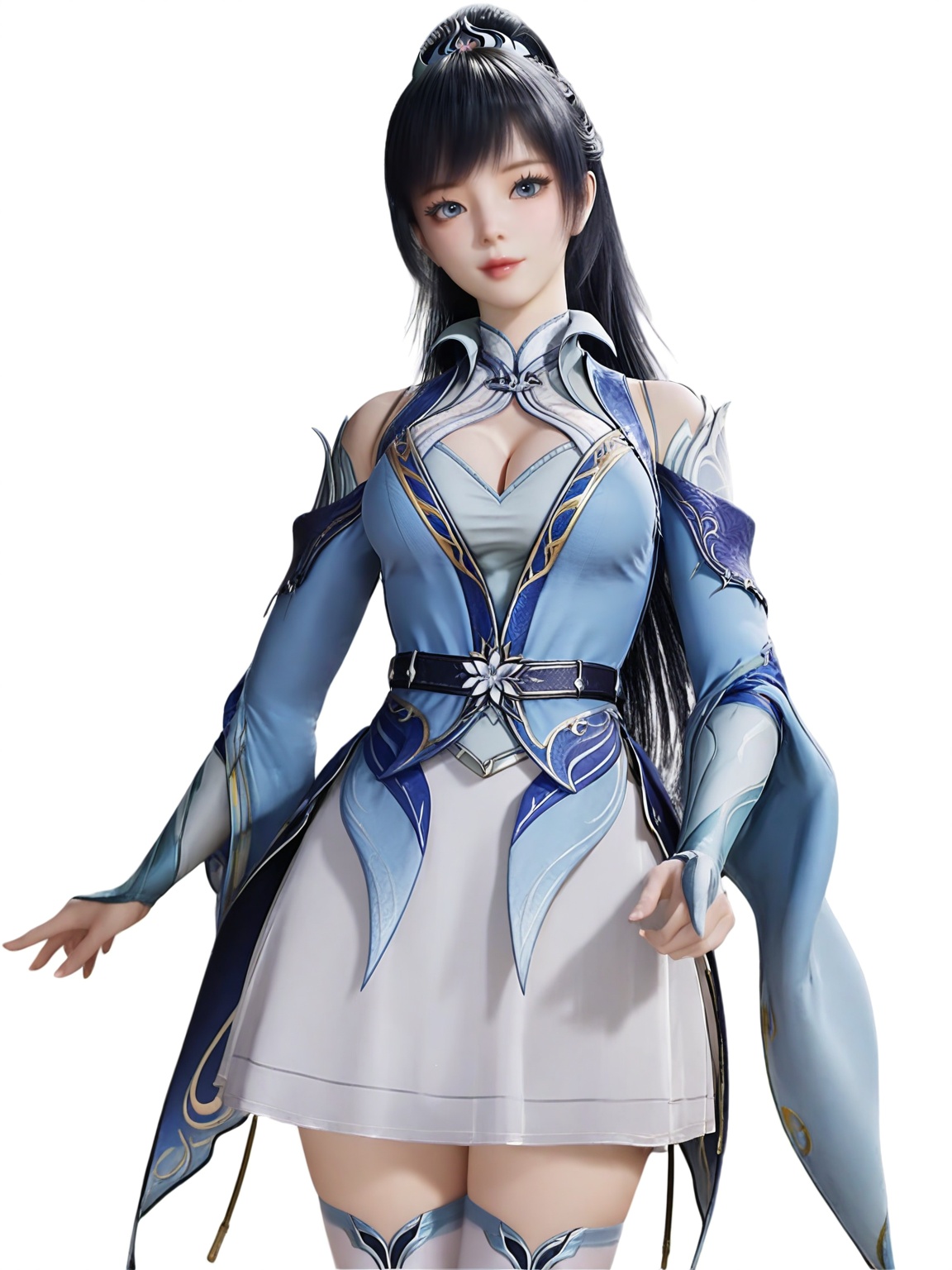 score_9,<lora:SF_TangYa_Pony_Realism2.3-000004:0.7>,1girl,solo,dress,bangs,eyelashes,black hair, large breasts, hair ornament,standing,skirt, thighhighs,looking at viewer,white background,simple background,cowboy_shot,