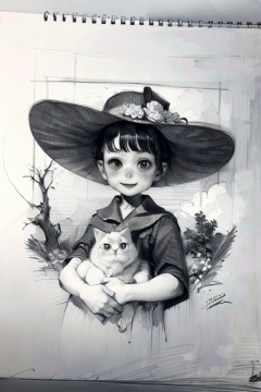 pencil drawing,(masterpiece, best quality, high resolution, absurdres, intricate details:1.3),monochrome,1boy,hat,smile,holding a cat,tree,cloud,<lora:pencil drawing_20240220222826:1>,