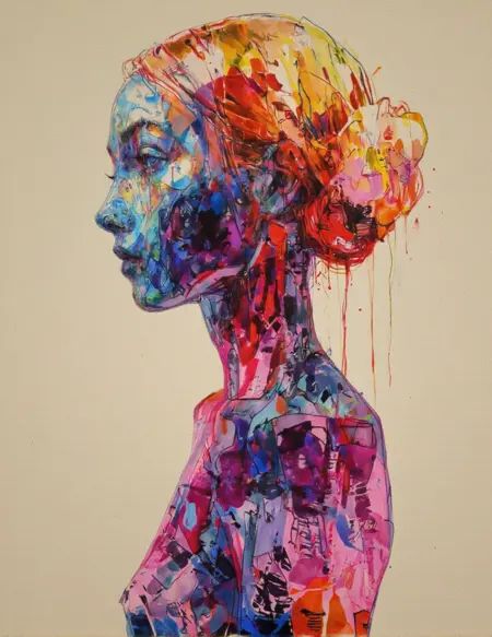 Mategake style. A side profile of a woman with her head slightly tilted downward,  rendered in vibrant,  abstract colors t...