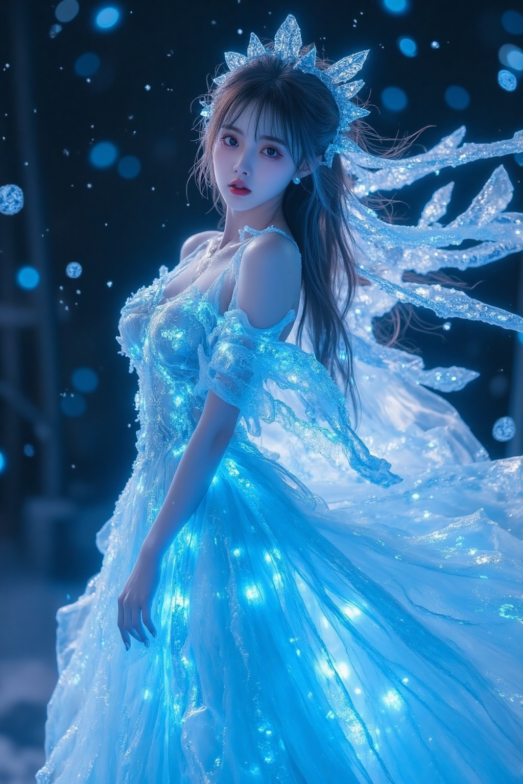 tyz,"A goddess of ice with translucent diamond skin glowing with internal frost veins, wearing a holographic snowstorm dress where:Skirt light effect: Cascading chiffon layers refract prismatic auroras into fractal ice caustics (Unreal Engine 5 Lumen real-time global illumination)Quantum snow dust: Anti-gravity snowflakes orbiting her body emit bioluminescent pulses (wavelength 480nm blue cold light)Dynamic interaction: Every footstep freezes air moisture into suspended ice sculptures with SSS subsurface scatteringPhoton battle armor: Breath vapor crystallizes into photon armor plates (material: Principled BSDF Clearcoat 0.9 + Transmission 0.96)Aurora fluid: Volumetric neon ribbons bend around her silhouette (Houdini fluid simulation + 8K Octane volume fog)"