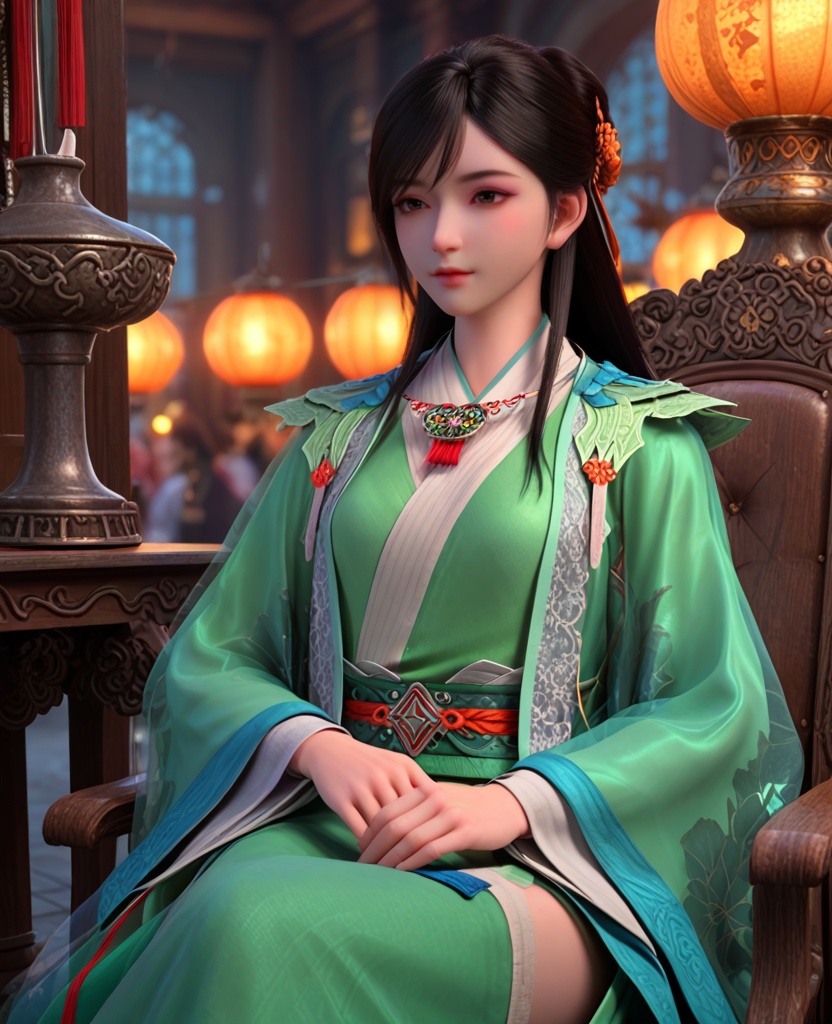 (oriental architecture, elegant decor, sophisticated style:1.1),(Sitting on a chair with legs crossed and hands resting on knees,:1.1),(breasts:1.2),<lora:XL少年歌行叶若依:0.95>,miss yeruoyi,green dress,see-through robe,necklace,black hair,long hair,gray eyes,hair ornament,floral print,bangs,sash,hair bun,lips,, score_9,score_8_up,score_7_up,score_6_up,score_5_up,score_4_up,3d rendering,tag1,tag2, Cinematic Lighting,backlighting,