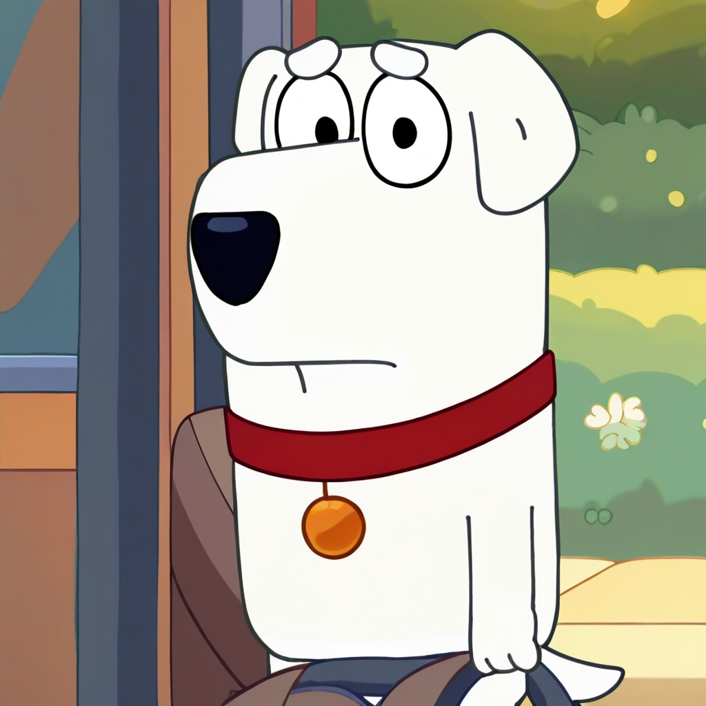 safe_pos, score_9, score_8_up, score_7_up, score_6_up, score_5_up, score_4_up, source_furry, hi res, blurred background, particles, solo, Brian Griffin, Dog, White fur, red collar, looking at viewer, closed mouth, Bluey style