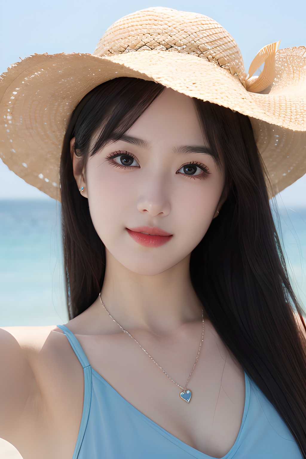 <lora:0811_03:0.7>,araffe girl with long hair wearing a straw hat and blue dress, 1girl, solo, hat, straw hat, long hair, looking at viewer, necklace, jewelry, heart necklace, smile, heart, brown hair, bangs, day, beach, outdoors, upper body, black hair, sunlight, closed mouth, swimsuit, selfie, sky, ocean,, 1girl,realistic,masterpiece, best quality, photorealistic, HDR,detail